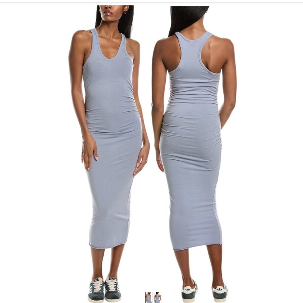 James Perse Racerback Ruched Midi Summer Dress in Aura Blue Grey NWT